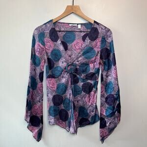 J Lo Jennifer Lopez Women's Split Front Long Sleeve Retro Blouse Size Medium